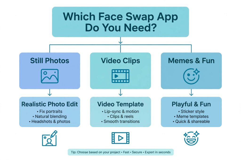 Decision guide for choosing a face swap app based on photo or video needs, free versus paid, and privacy preferences