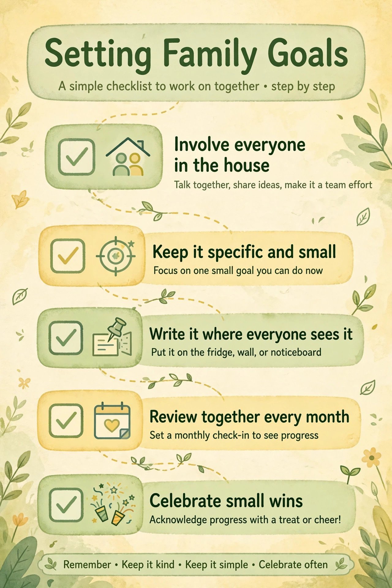 Checklist diagram for setting family goals: involve everyone, keep it specific, write it visibly, review monthly, celebrate small wins