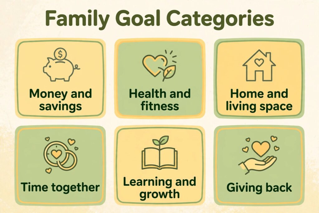 Infographic of six family goal categories: money and savings, health and fitness, home and living space, time together, learning and growth, giving back