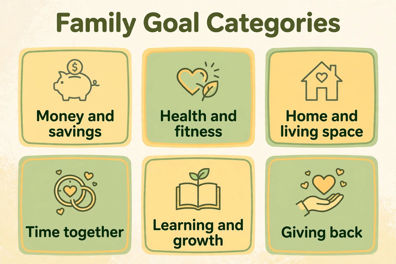 Infographic of six family goal categories: money and savings, health and fitness, home and living space, time together, learning and growth, giving back