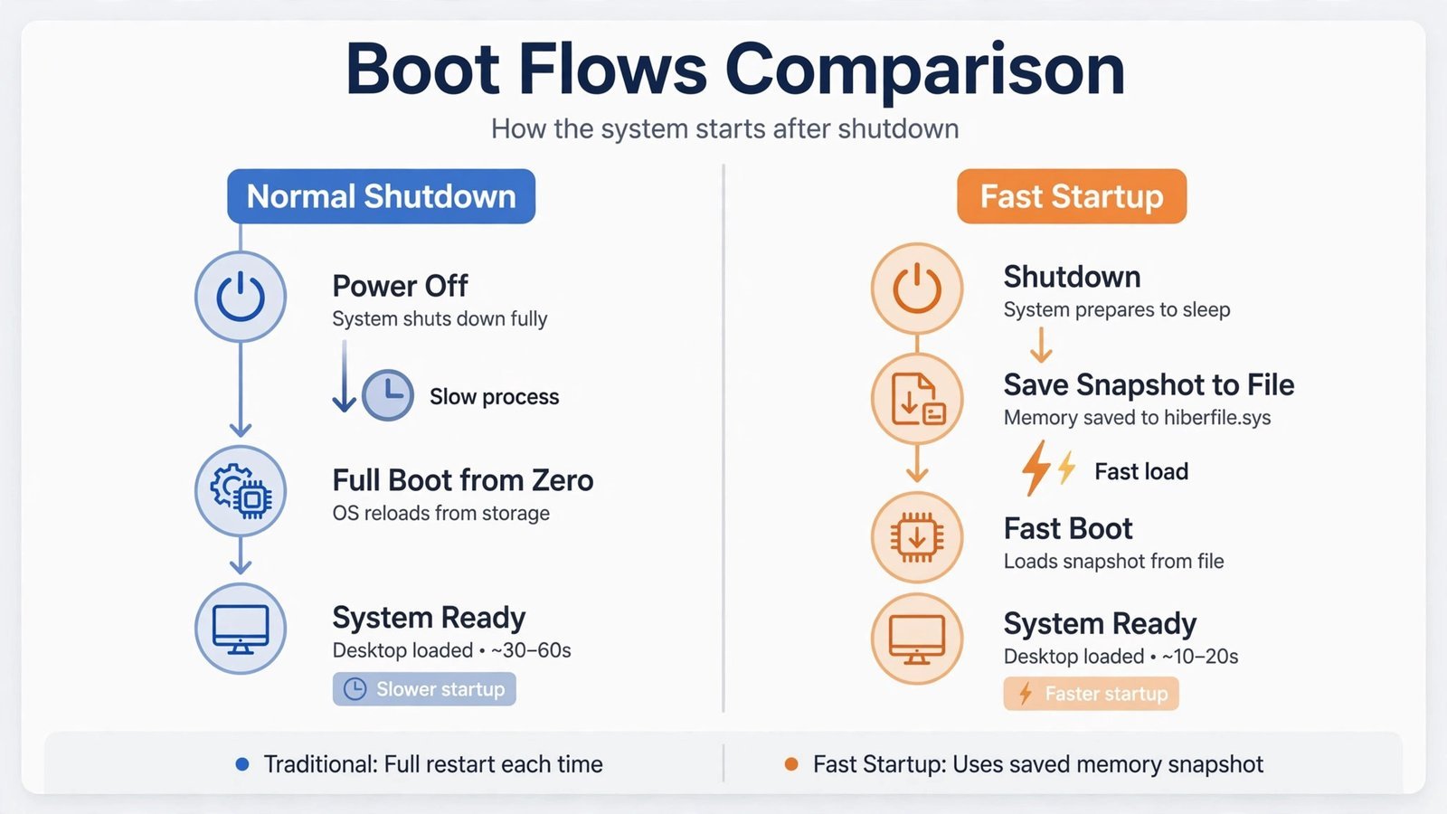 Diagram comparing a normal Windows shutdown with Fast Startup hybrid shutdown boot flow