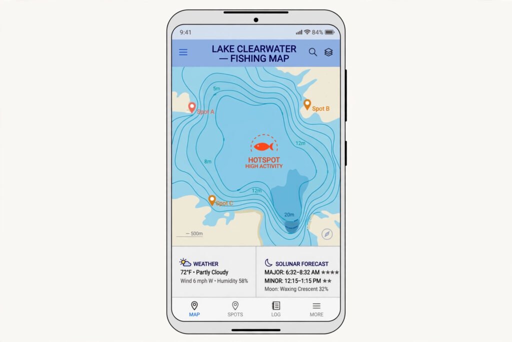 Android phone showing a fishing app map with lake depth contours, pinned fishing spots, and a weather and solunar forecast panel