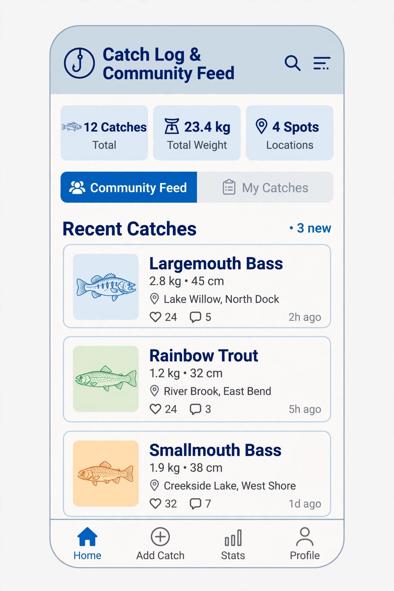 Phone screen showing a fishing catch log and community feed with fish sketches, catch weights, location pins and comment icons