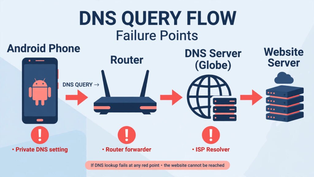 Diagram of the DNS lookup chain on Android: phone asks the DNS resolver for a website address, with the three most common break points marked