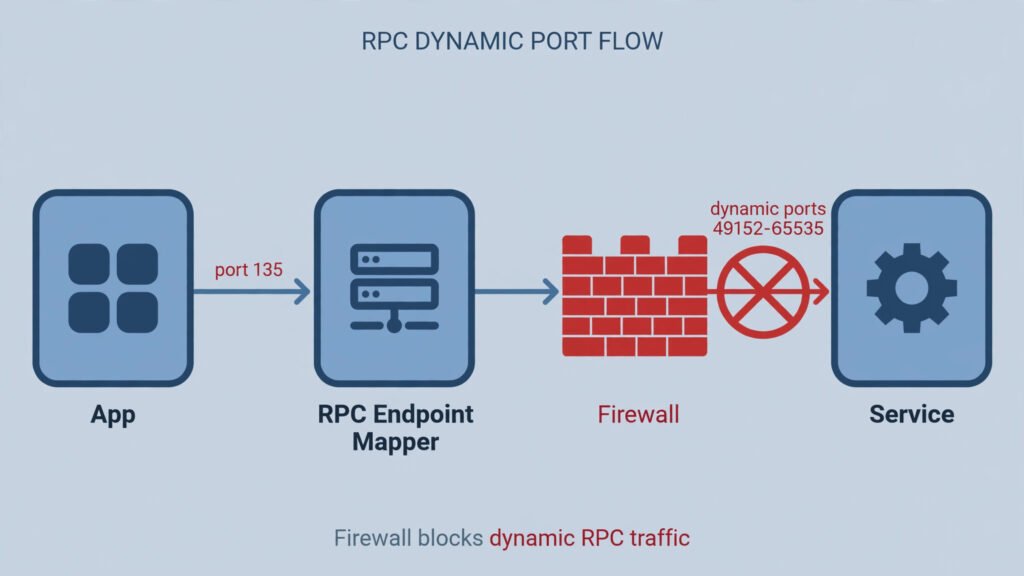 Diagram of an RPC call traveling from an app through the RPC Endpoint Mapper on port 135 to dynamic ports, with a firewall shown as the blocking point