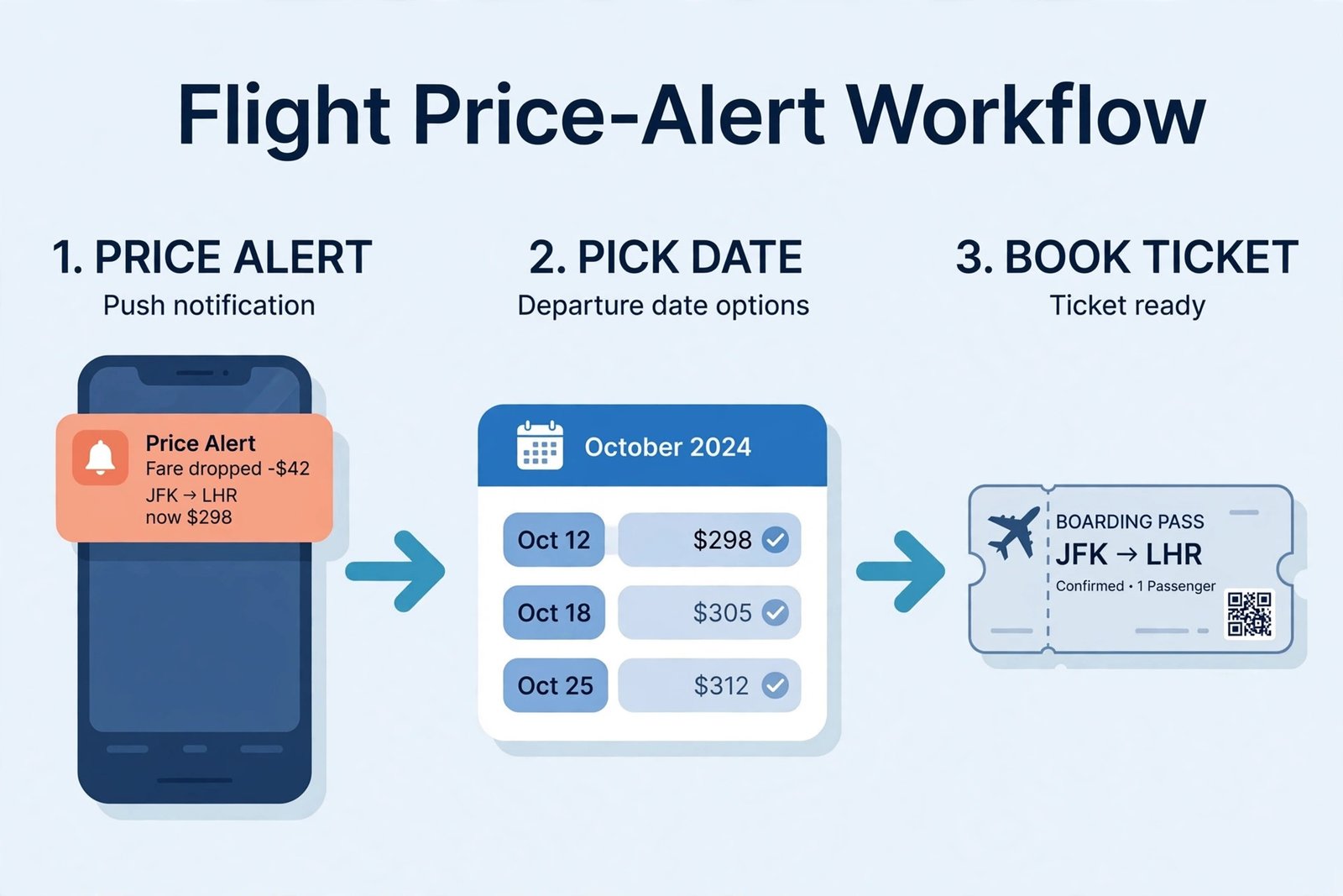 Diagram of a flight price alert workflow from push notification to departure calendar to ticket