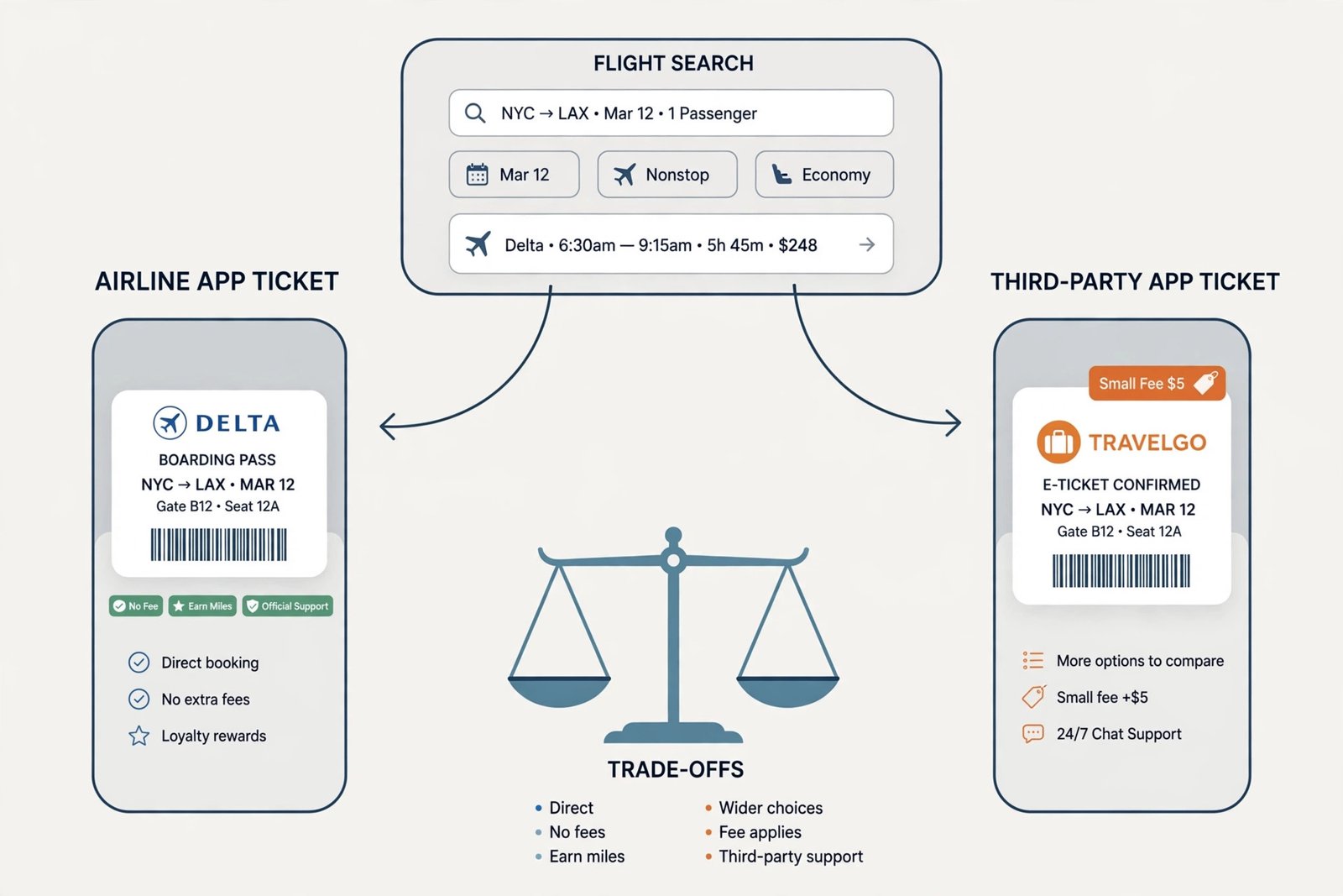 Infographic comparing booking a flight through an airline app versus a third-party app with a fee tag