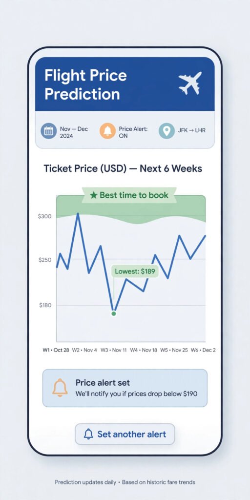 Illustration of a flight price prediction chart on a smartphone showing fare fluctuations and a best-time-to-book zone
