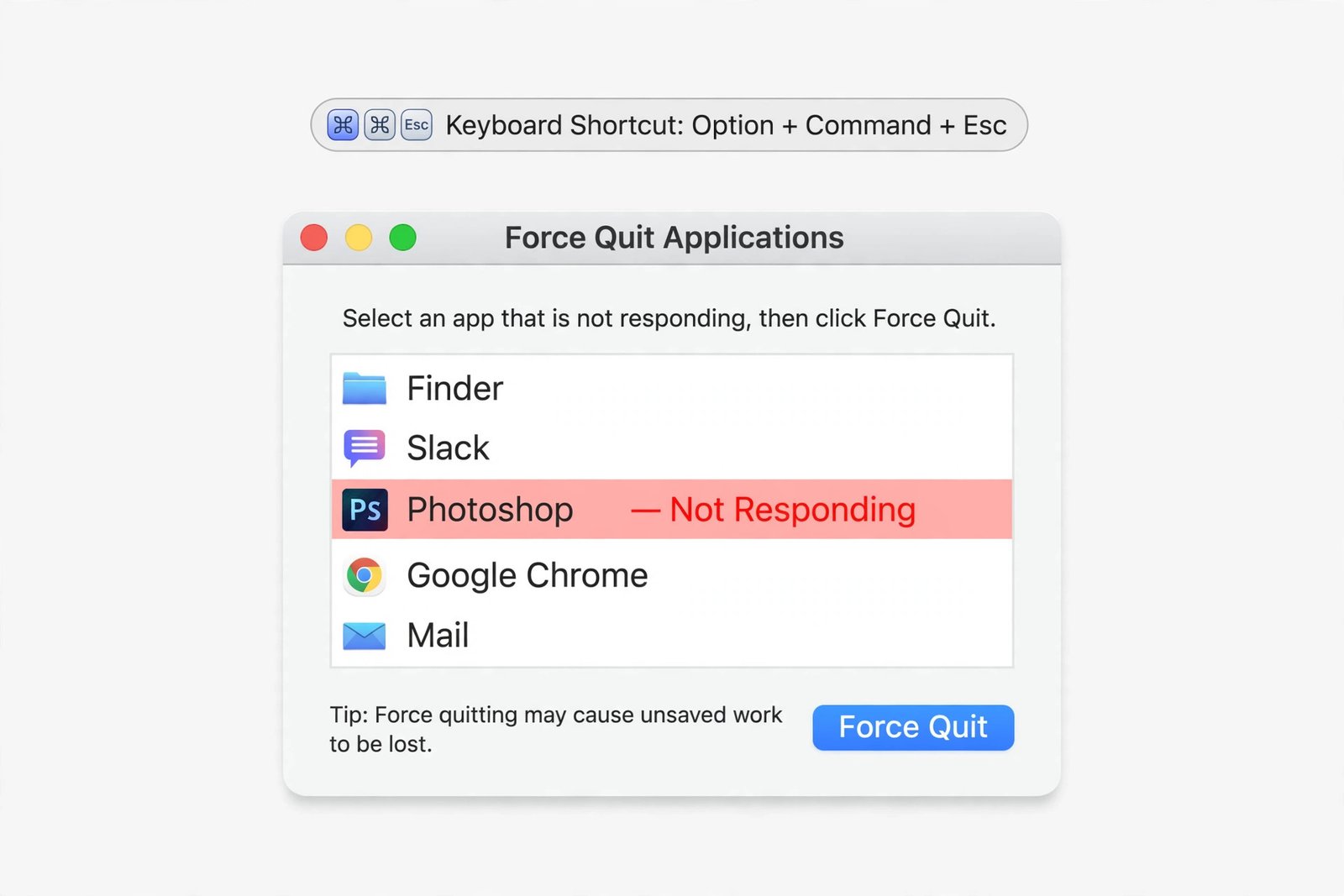 Illustrated Force Quit Applications window with a Not Responding app selected