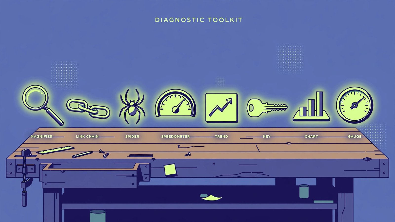 Illustration of a workbench with eight SEO tool icons representing the free toolkit