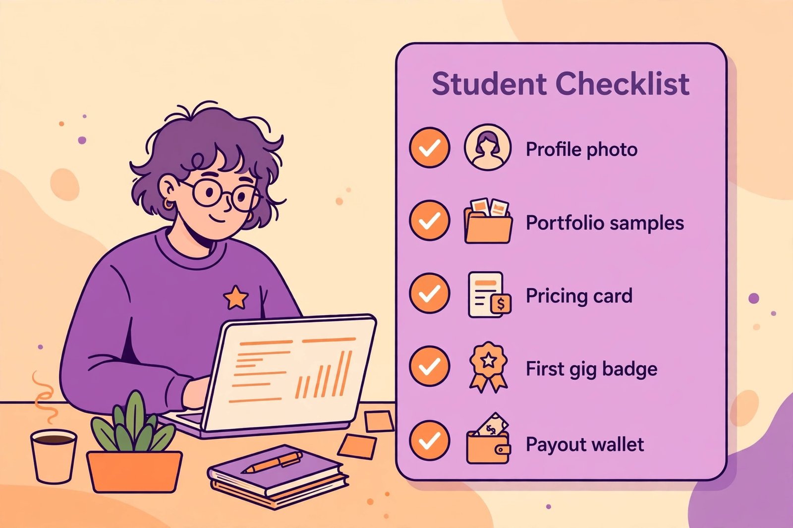 Checklist illustration of steps for a student to land their first freelance gig from profile setup to first payout