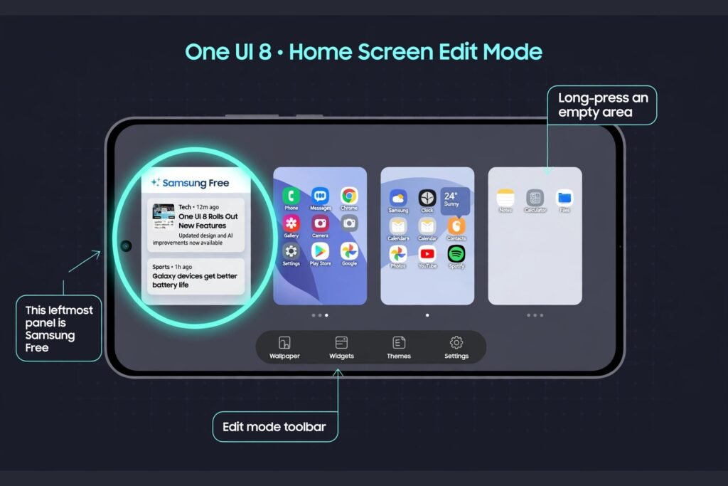 Diagram of a Galaxy home screen in edit mode on One UI 8 with the leftmost Samsung Free panel highlighted