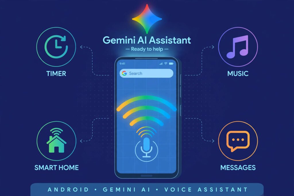 Android phone with the Gemini AI assistant overlay and voice wave icons for timers, music, smart home and messages