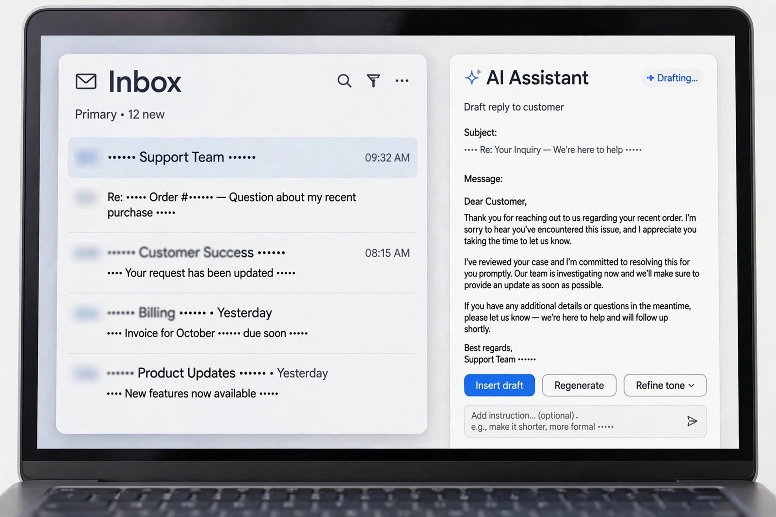 Laptop screen showing an AI assistant helping draft an email inside a Gmail-style inbox