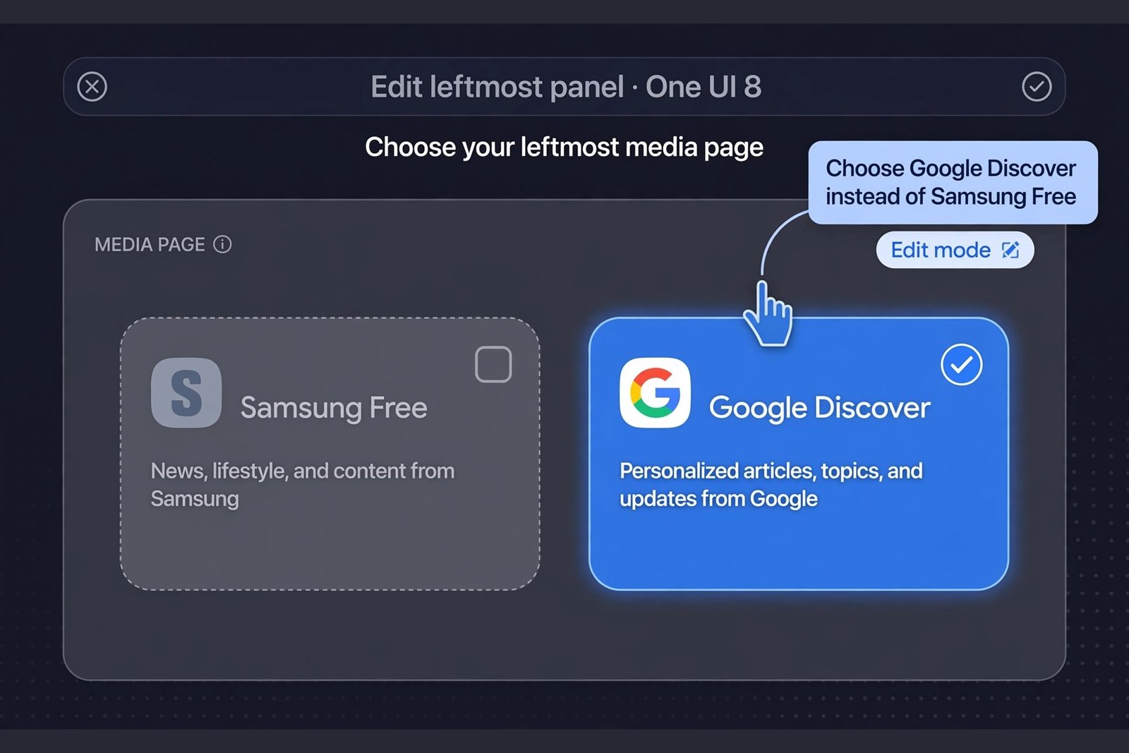 Diagram showing the option to choose Google Discover instead of Samsung Free on One UI 8