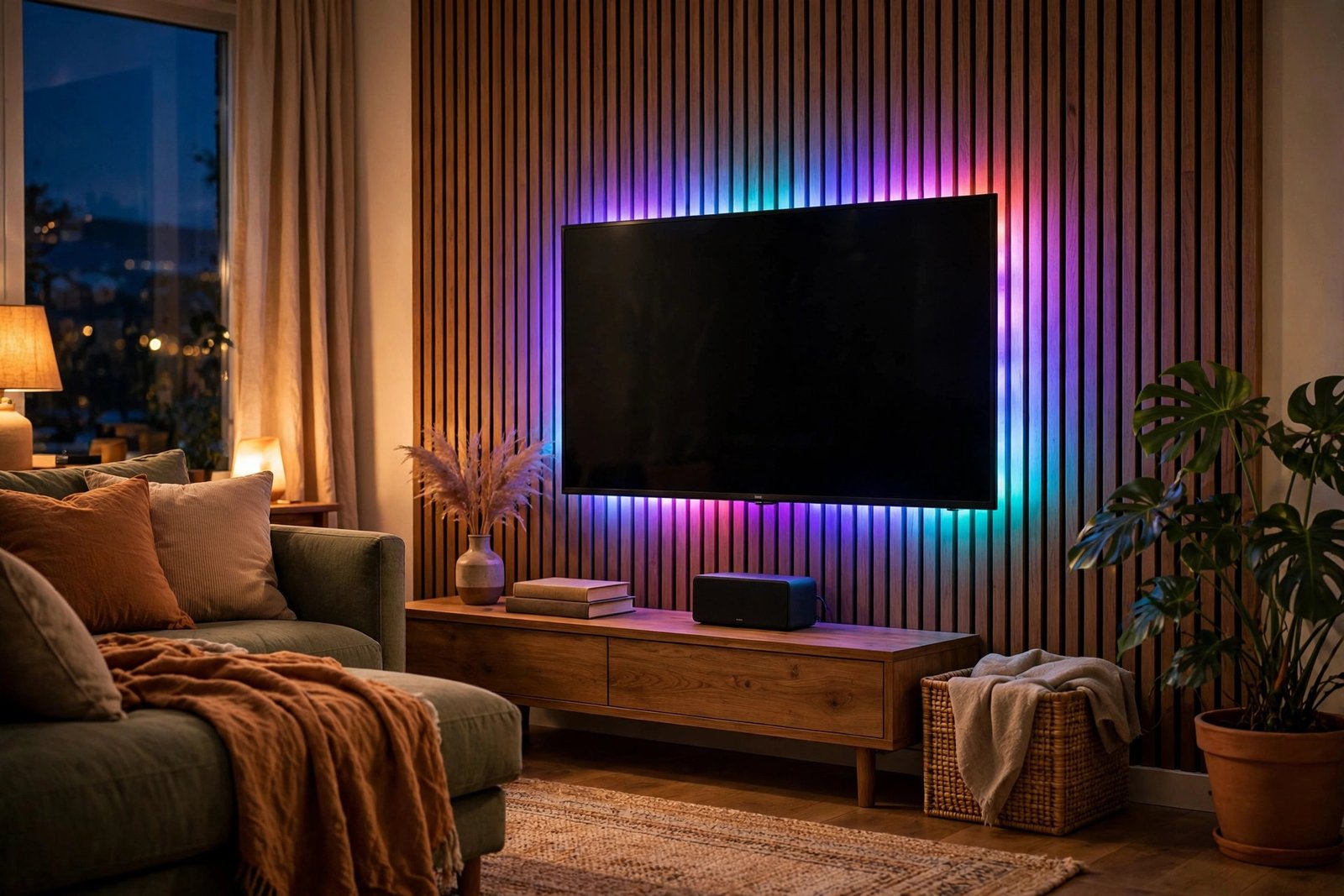 TV setup with colorful LED strip lights glowing behind the television