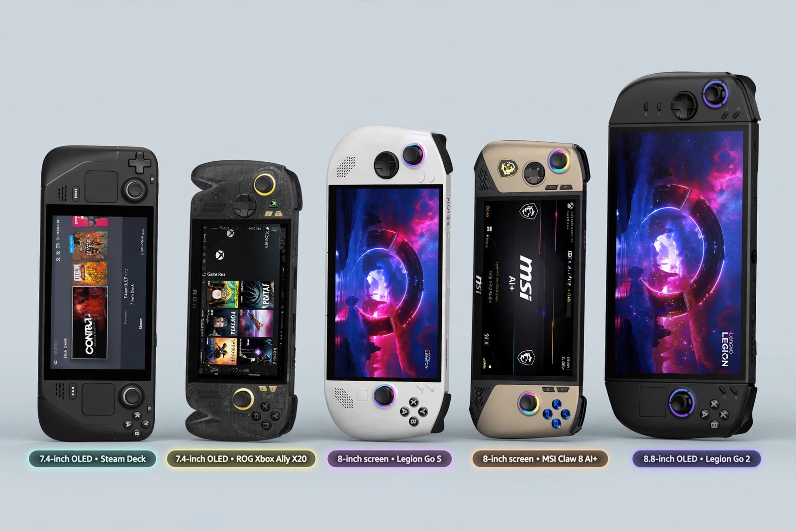 Illustration of five 2026 handheld gaming PCs in a row with key spec labels: Steam Deck OLED, ROG Xbox Ally X20, Legion Go S SteamOS, MSI Claw 8 AI+, and Legion Go 2