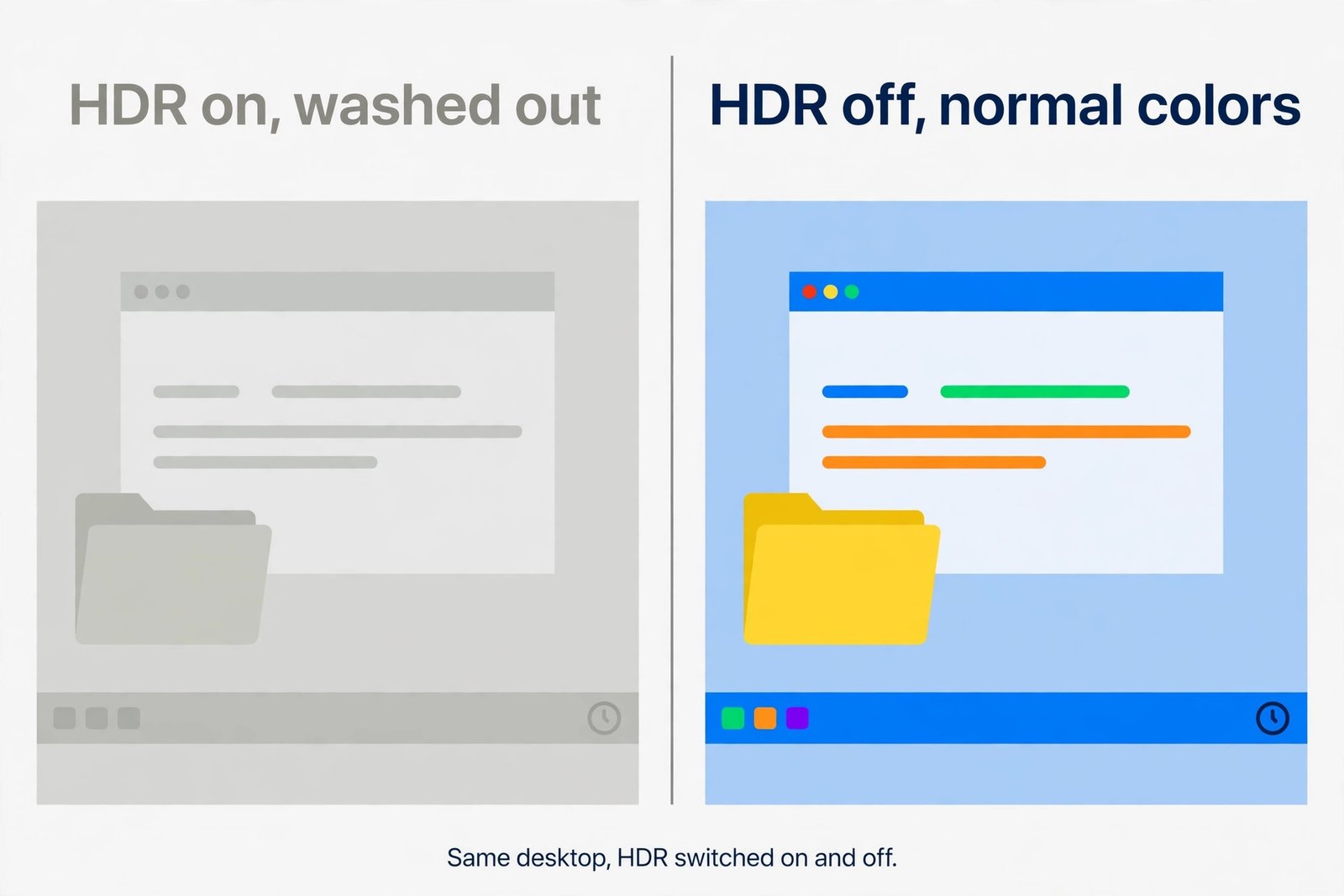 Comparison diagram showing a washed-out gray desktop with HDR on versus normal vivid colors with HDR off
