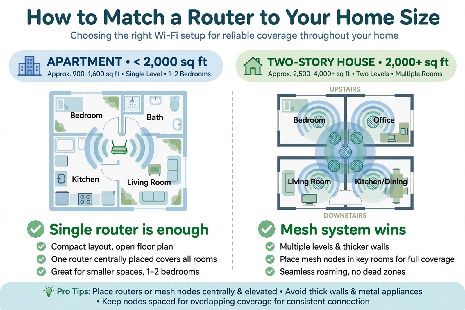 Home size to router buying guide infographic showing when to choose a single router versus a mesh system based on square footage