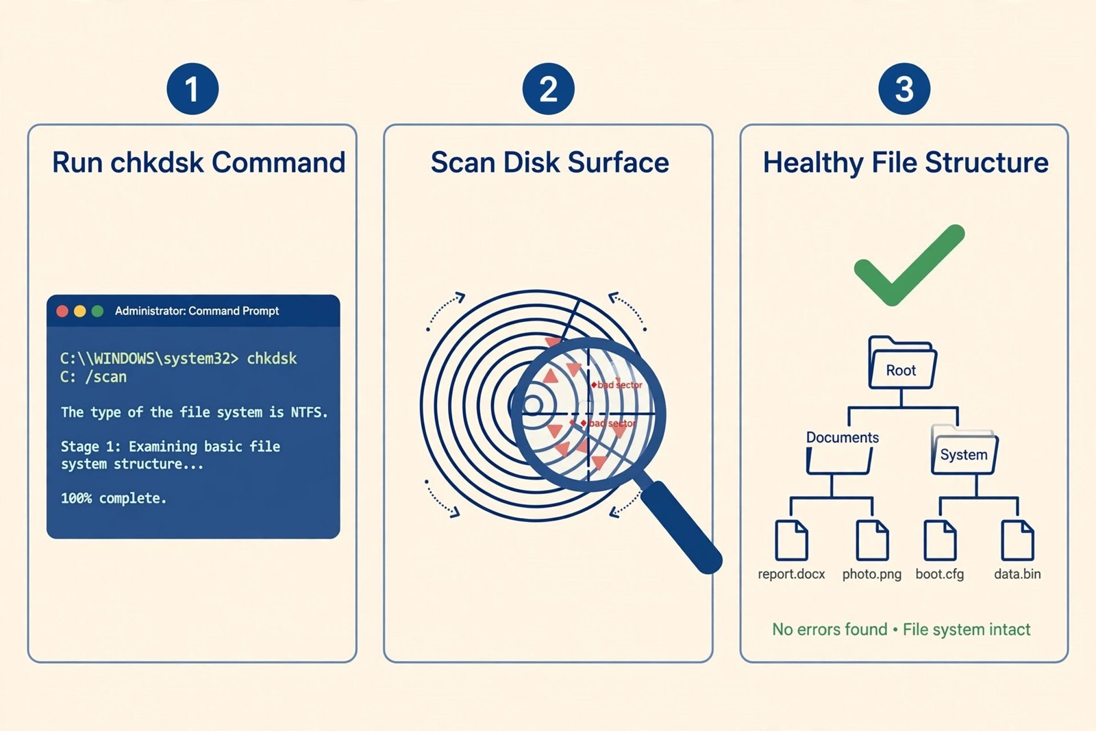 Diagram of the CHKDSK scan and repair process on a Windows drive