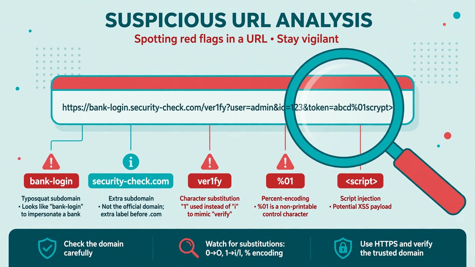 Diagram showing how a phishing URL uses lookalike characters and urgent words to trick readers