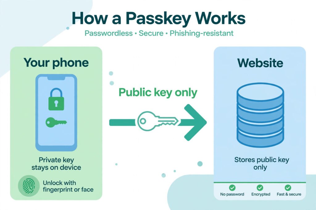 Diagram showing how a passkey works: the private key stays on your phone and only the public key is shared with the website