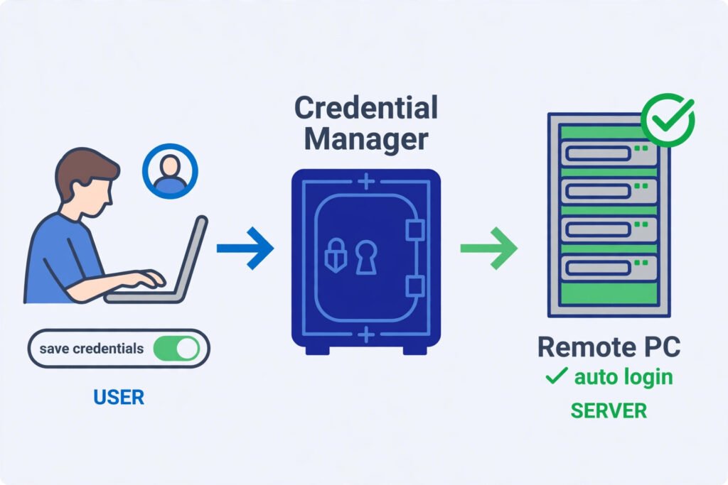Diagram showing how Remote Desktop saves and reuses your login credentials