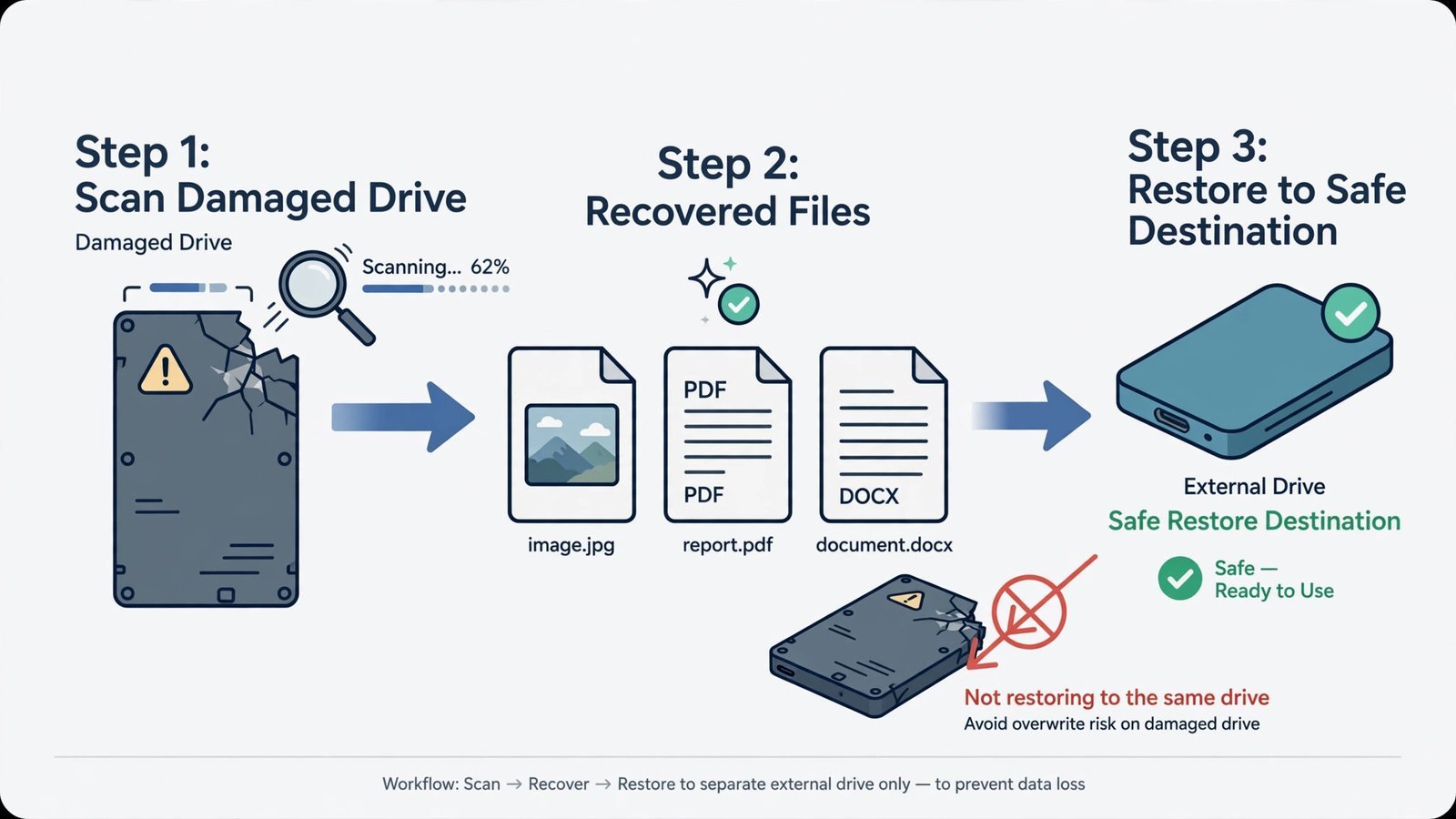 Diagram showing how recovery software scans for deleted file traces and restores to a different drive