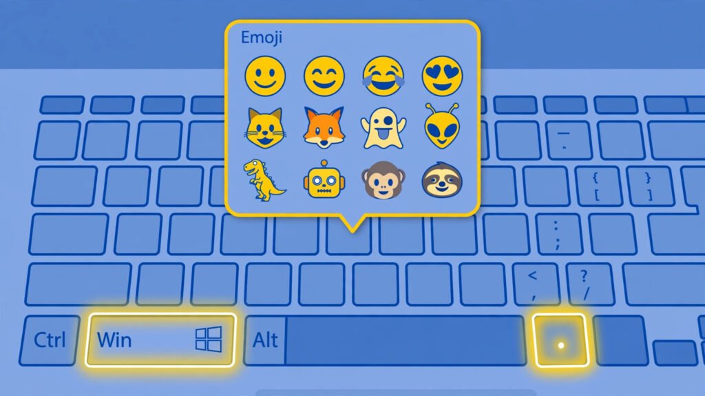 Laptop keyboard with the Windows key and period key highlighted in glowing outlines, emoji picker popup floating above