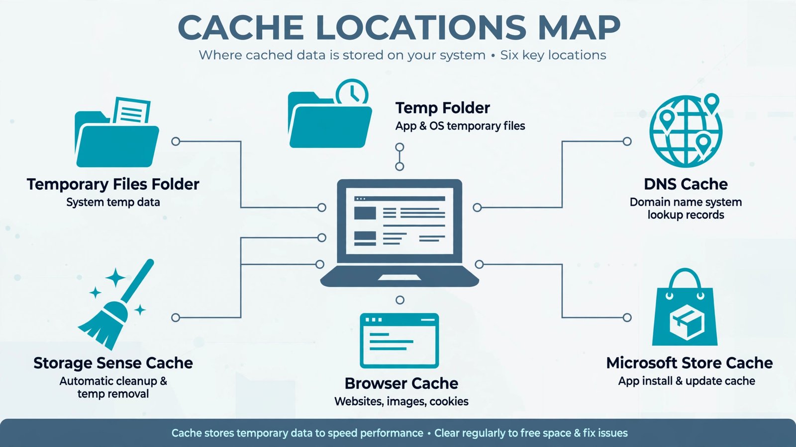 Map of the six cache locations in Windows 11: temporary files, Temp folder, DNS cache, Microsoft Store cache, browser cache, and Storage Sense automation