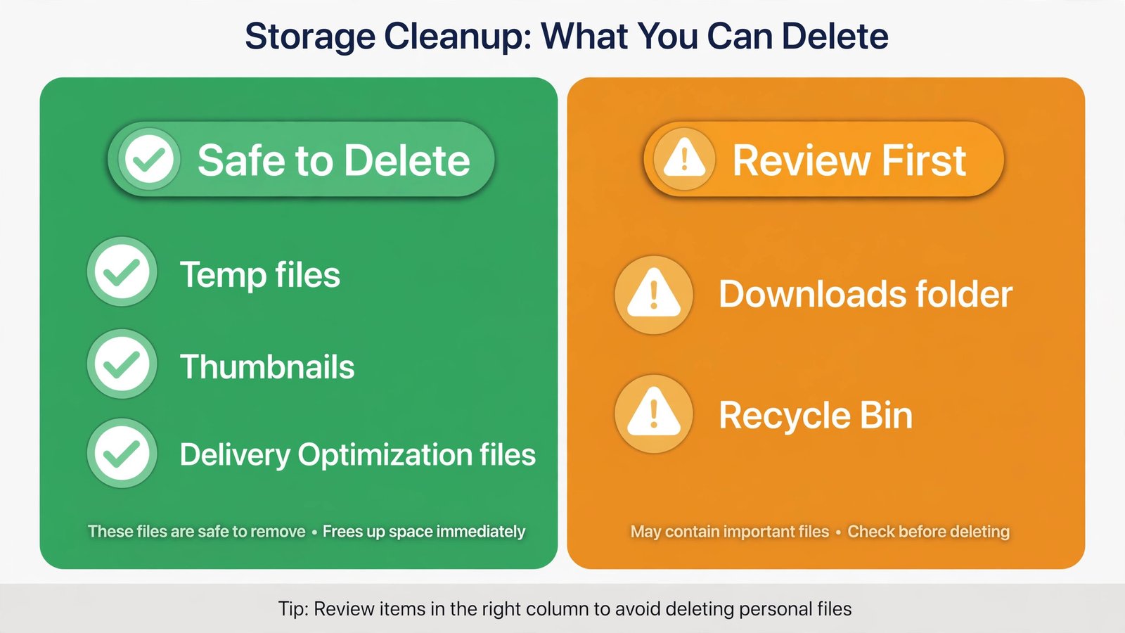 Diagram splitting safe-to-delete cache categories from caution categories: temp files and thumbnails are safe, while Downloads and Recycle Bin need review