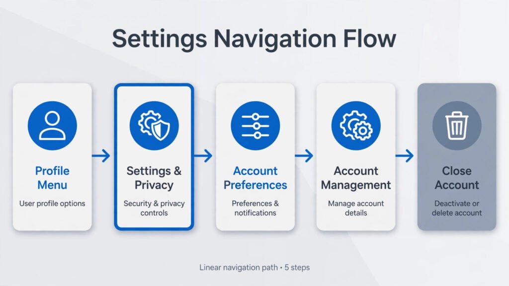Diagram of the LinkedIn settings path: Me menu, Settings and Privacy, Account preferences, Account management, Close account