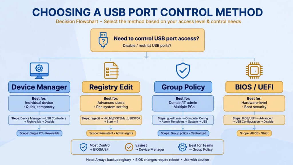 Decision flowchart for choosing which USB port control method to use on Windows 7