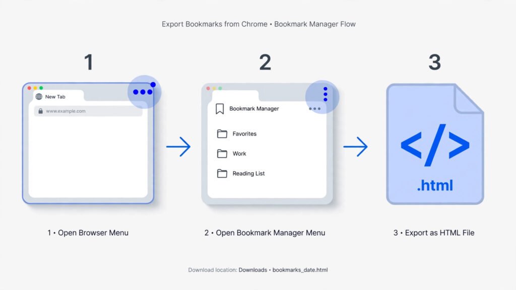 Annotated diagram of the Chrome Bookmark Manager export flow