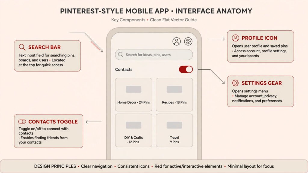 Labeled anatomy diagram of the Pinterest app showing where each friend-finding feature lives
