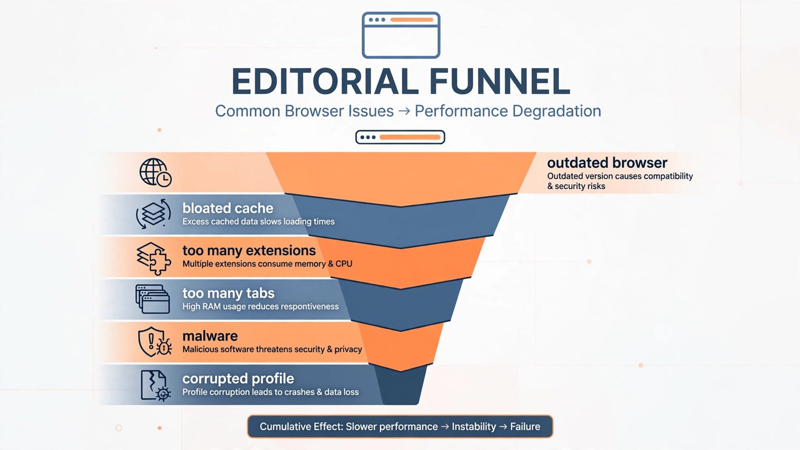 Funnel infographic of the main browser slowdown culprits: outdated version, bloated cache, too many extensions, too many tabs, malware, corrupted profile