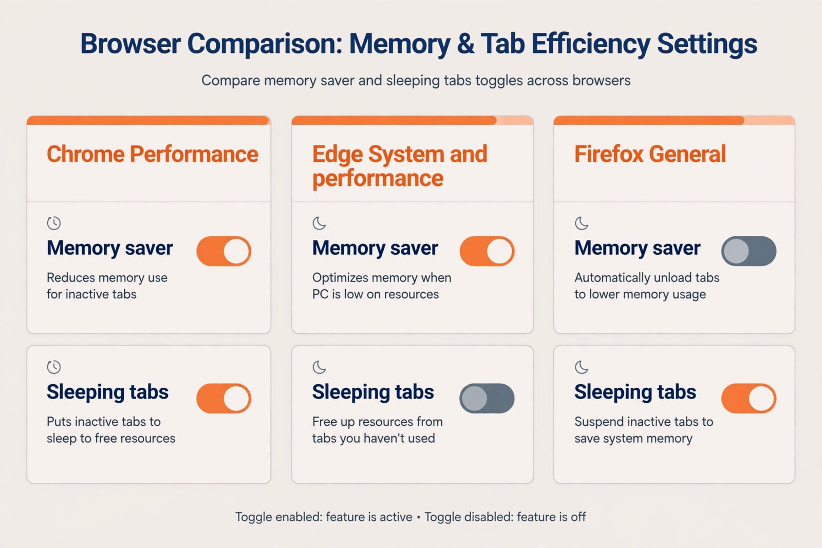 Comparison diagram of where to find tab sleeping and performance settings in Chrome, Edge, and Firefox