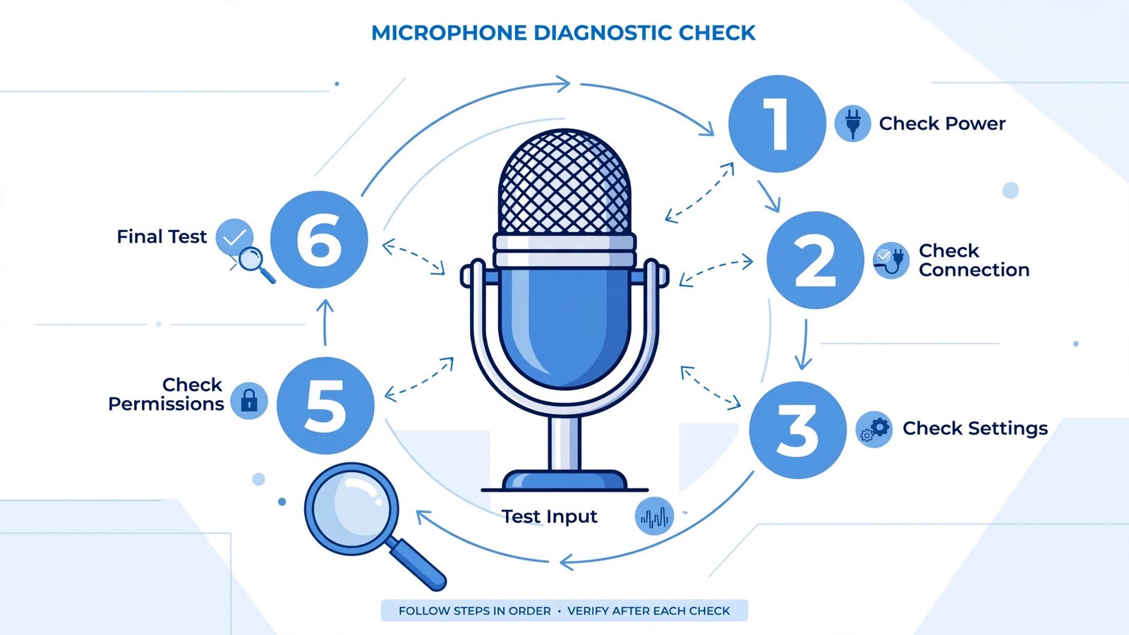 Microphone surrounded by numbered diagnostic check steps with checkmarks
