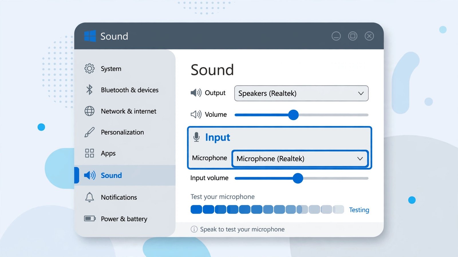 Stylized Windows sound settings window with microphone input dropdown highlighted