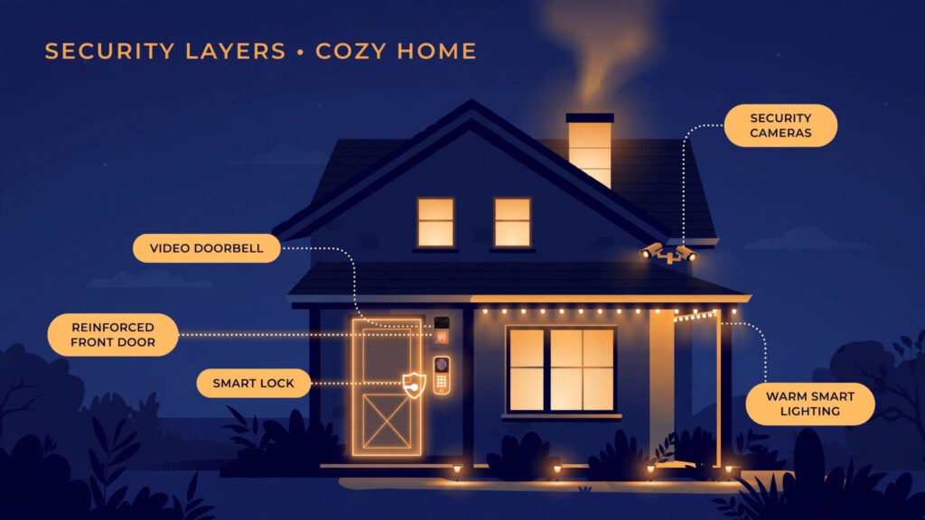 Illustration of a house showing five security layers: reinforced doors, video doorbell, smart lock, cameras, and smart lighting