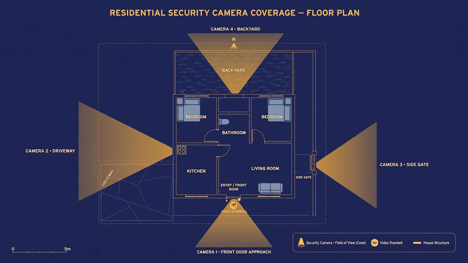 Diagram of a house exterior showing recommended camera and video doorbell placement positions