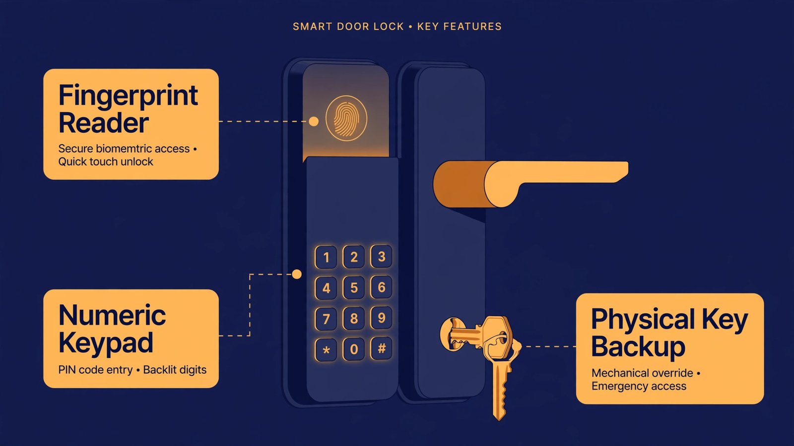 Illustration of a smart lock highlighting fingerprint reader, keypad, and physical key backup