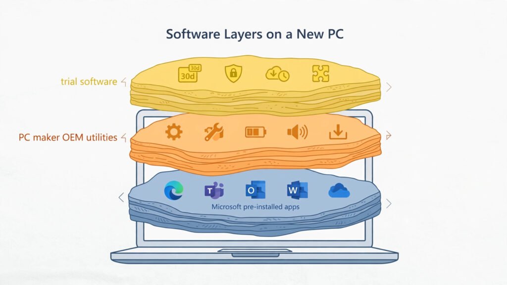 Layered diagram showing the three layers of Windows 11 bloatware: Microsoft apps, OEM apps, and trial software