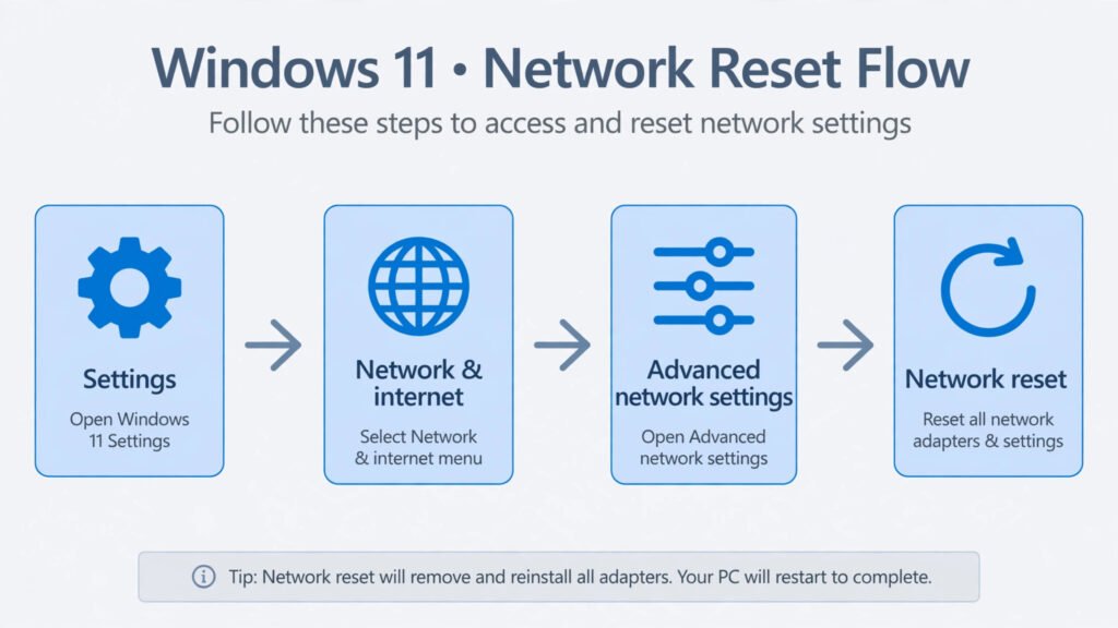 Flow diagram of the network reset path in Windows 11 Settings: Network and internet, Advanced network settings, Network reset, Reset now