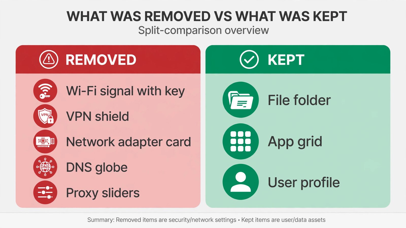 Infographic splitting network reset effects: wiped items are Wi-Fi passwords, VPN connections, adapter settings, DNS and proxy, while files, apps and the Windows account are kept