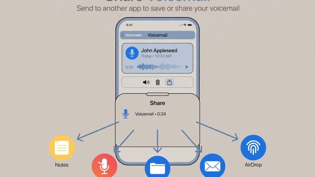 Illustration of the iPhone share sheet on a voicemail, with arrows to Notes, Voice Memos, Files, Mail, and AirDrop destinations