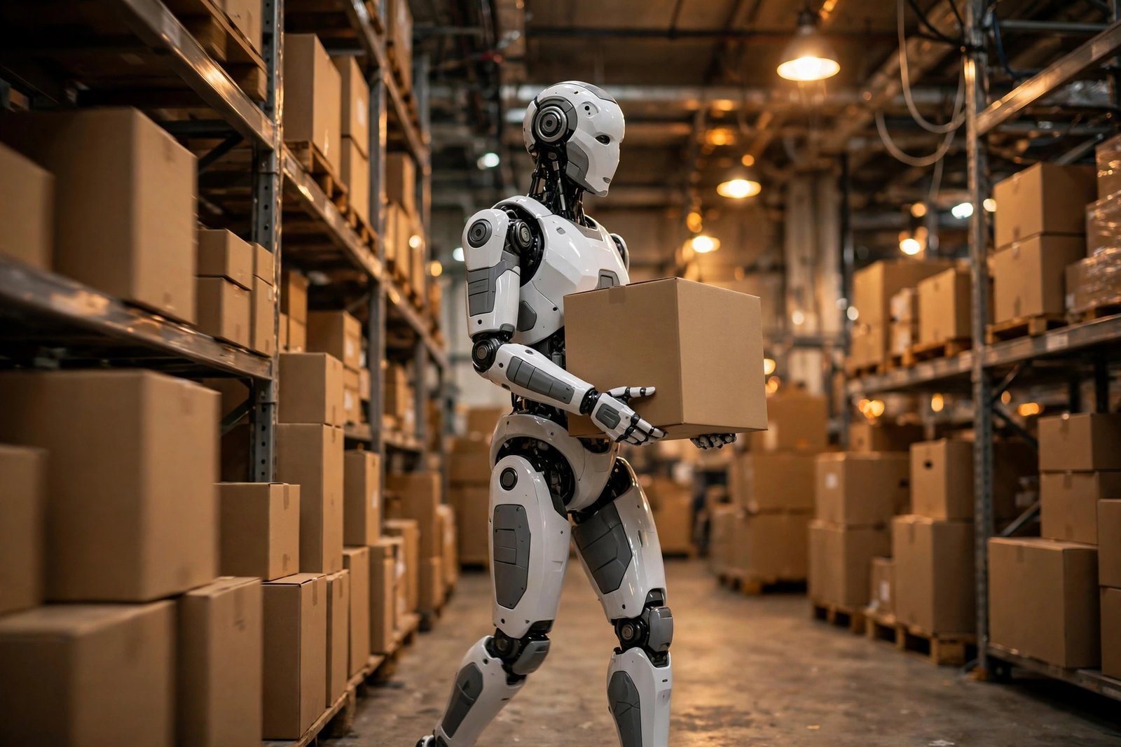 Humanoid robot working among shelves in a warehouse with stacked boxes