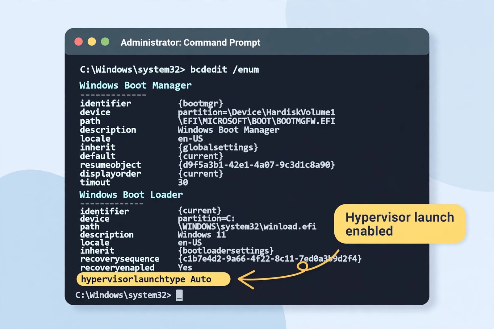 Elevated Command Prompt showing bcdedit output with hypervisorlaunchtype set to Auto