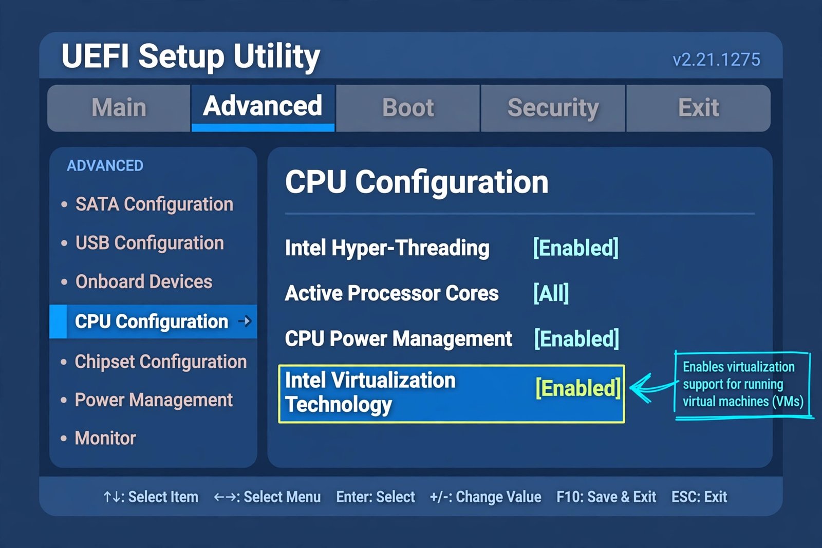 UEFI firmware setup screen with the Intel Virtualization Technology setting highlighted as Enabled