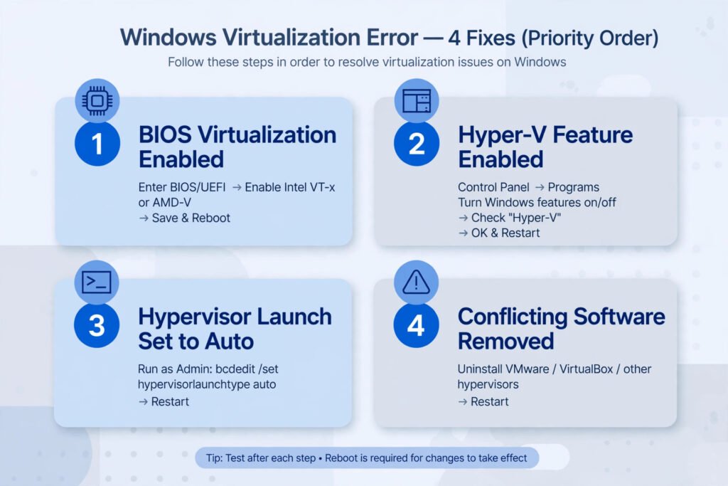 Infographic of four fixes in priority order for the Hyper-V hypervisor is not running error: BIOS virtualization, Hyper-V feature, boot config, conflicting software